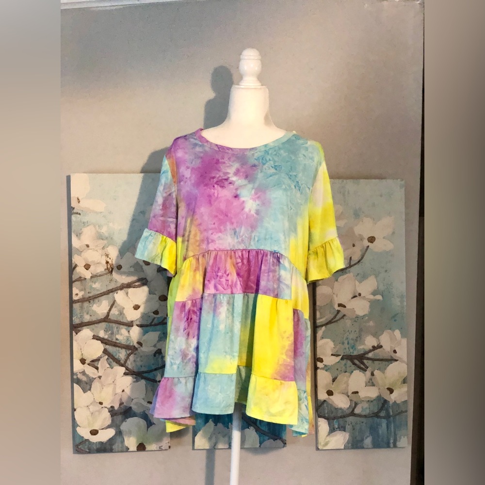 ODDY Purple/pink Blue Yellow Tie-dye Tiered Top